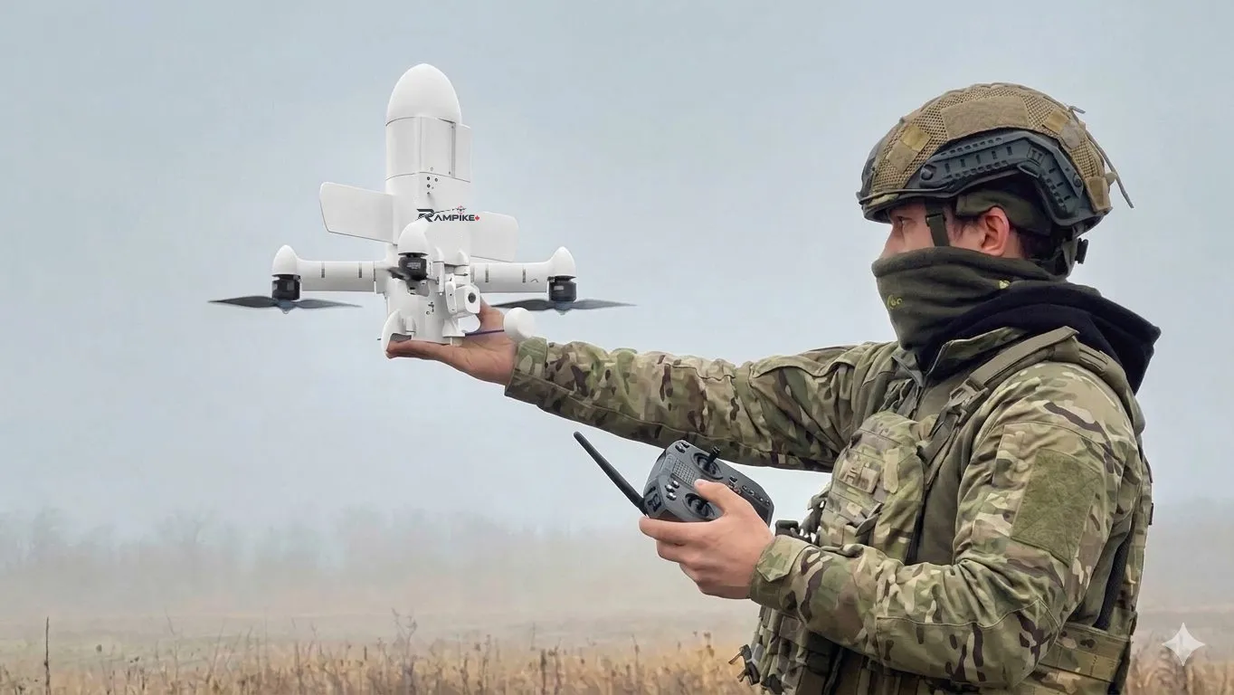 Concept image of a RamPike electric interceptor drone being launched by hand