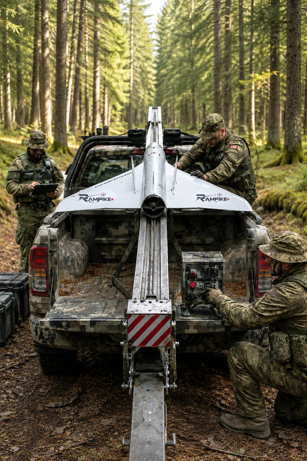Concept image of a RamPike turbojet interceptor drone in a forest deployment