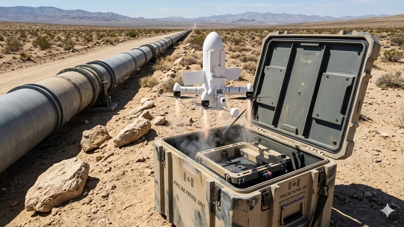Concept image of a RamPike drone launching from a transport case beside a desert pipeline
