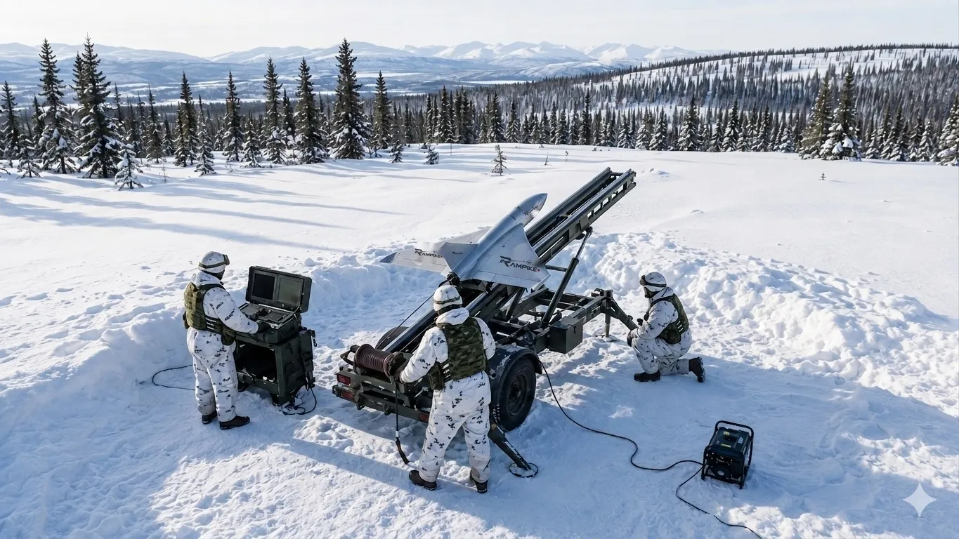 Concept image of a RamPike turbojet interceptor drone being prepared for launch in the Arctic